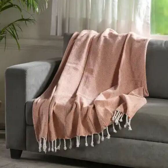 Light Orange Big Diamond Pattern Cotton Woven Throw Blanket 55" x 65" - Picture 1 of 4
